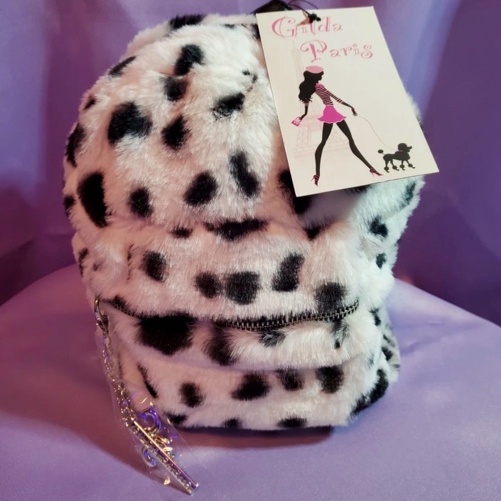 Gilda Paris Faux Fur Mini Backpack. Dalmatian print. VERY SOFT!